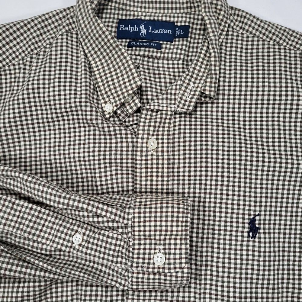 Ralph Lauren Men's Large Classic Fit Brown Green Check Long Sleeve Shirt
